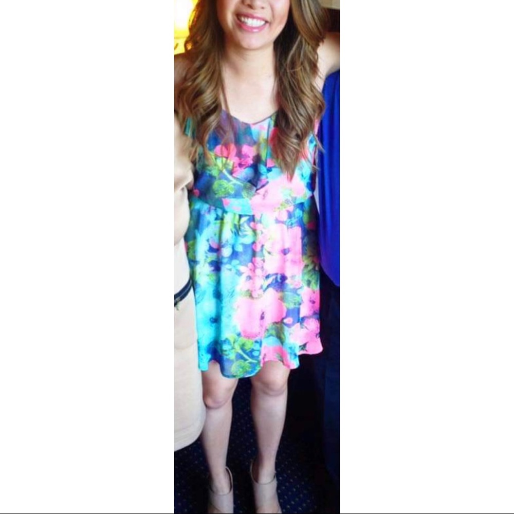 LUSH Floral Chiffon Dress Blue Pink Floral Tropic - Picture 8 of 8